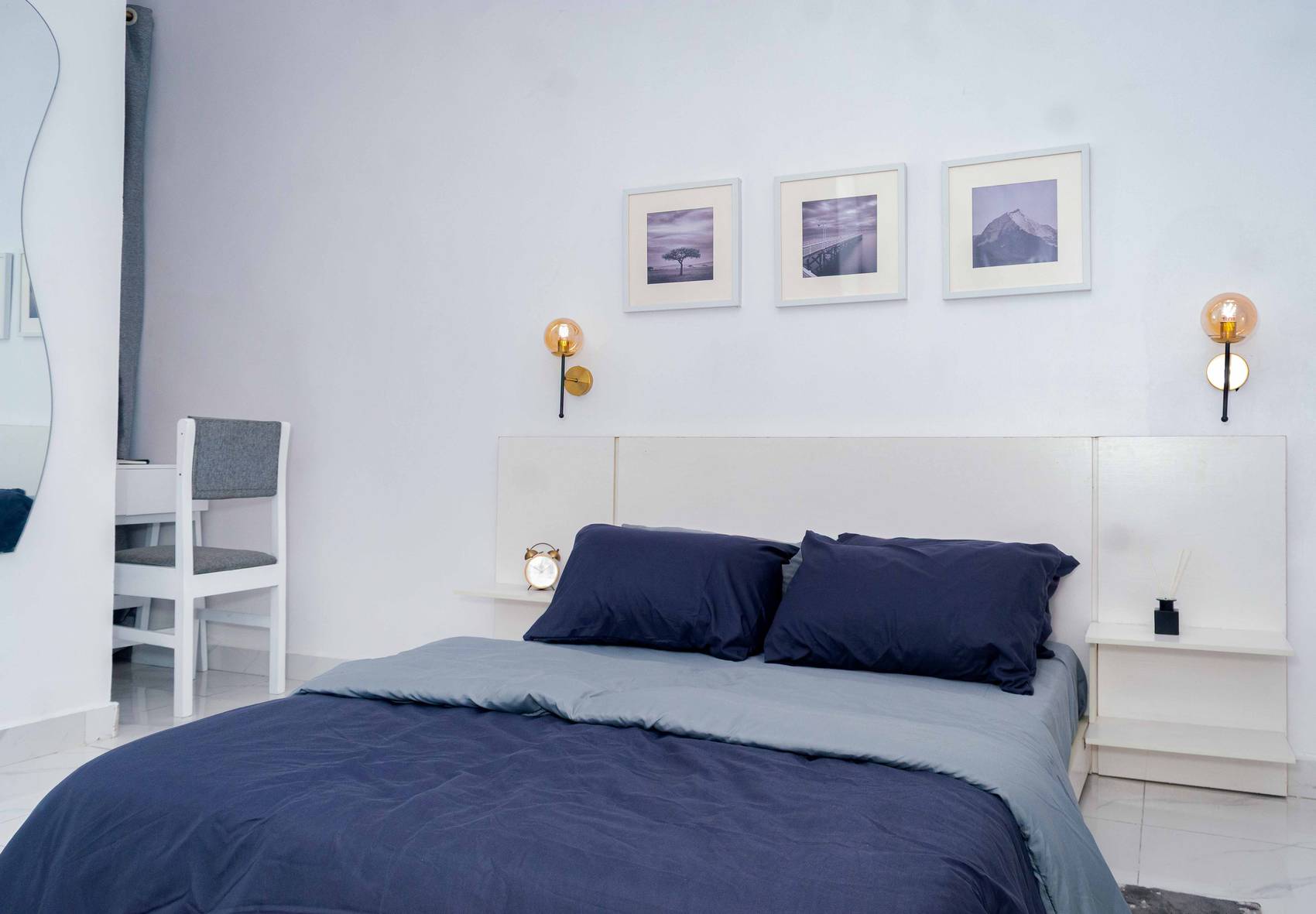 Timeless Muse — white and navy bedroom set